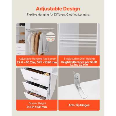 Σύστημα Ντουλαπιών VEVOR με 3 Συρτάρια, Ξύλινοι Οργανωτές Ντουλαπιών Ρυθμιζόμενου Ύψους, Μοντέρνα Οργάνωση Ντουλάπας με 3 Αναδιπλούμενες Ράβδους Κρεμάστρας, Ανεξάρτητη Ράφι Ρούχων, Λευκό