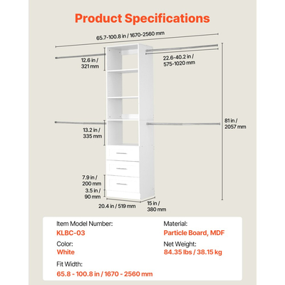 Σύστημα Ντουλαπιών VEVOR με 3 Συρτάρια, Ξύλινες Οργανωτές Ντουλαπιών Ρυθμιζόμενου Ύψους, Μοντέρνα Οργάνωση Ντουλάπας με 4 Αναδιπλούμενες Ράβδους Κρεμάστρας, Ανεξάρτητη Ράφι Ρούχων, Λευκό