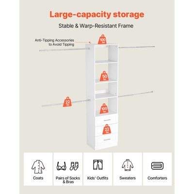 Σύστημα Ντουλαπιών VEVOR με 3 Συρτάρια, Ξύλινες Οργανωτές Ντουλαπιών Ρυθμιζόμενου Ύψους, Μοντέρνα Οργάνωση Ντουλάπας με 4 Αναδιπλούμενες Ράβδους Κρεμάστρας, Ανεξάρτητη Ράφι Ρούχων, Λευκό
