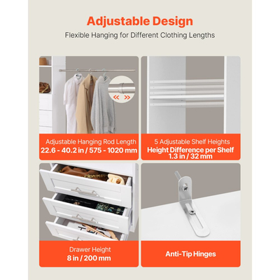 Σύστημα Ντουλαπιών VEVOR με 3 Συρτάρια, Ξύλινες Οργανωτές Ντουλαπιών Ρυθμιζόμενου Ύψους, Μοντέρνα Οργάνωση Ντουλάπας με 4 Αναδιπλούμενες Ράβδους Κρεμάστρας, Ανεξάρτητη Ράφι Ρούχων, Λευκό