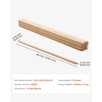 Ξύλινοι πάσσαλοι κήπου VEVOR, 25 τεμάχια 19,05×19,05×1219,2 mm Πάσσαλοι διαβάθμισης εδάφους, Πάσσαλος εδάφους κήπου με αιχμηρή μύτη, Πάσσαλος στήριξης φυτών από ξύλο ελάτης, Πινακίδες για γραμμές βάσης ορίων αυλής με λάσπη