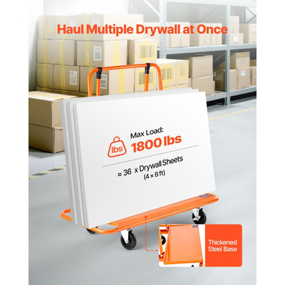 Καρότσι γυψοσανίδας VEVOR, Χωρητικότητα φορτίου 816 kg, Καρότσι από ατσάλι με 4 περιστρεφόμενους τροχούς, Ανθεκτική και μακράς διαρκείας, Καρότσι φορτηγού με ιμάντα πρόσδεσης για κόντρα πλακέ, γυψοσανίδα, γυαλί, πορτοκαλί