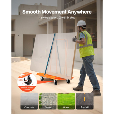 Καρότσι γυψοσανίδας VEVOR, Χωρητικότητα φορτίου 816 kg, Καρότσι από ατσάλι με 4 περιστρεφόμενους τροχούς, Ανθεκτική και μακράς διαρκείας, Καρότσι φορτηγού με ιμάντα πρόσδεσης για κόντρα πλακέ, γυψοσανίδα, γυαλί, πορτοκαλί