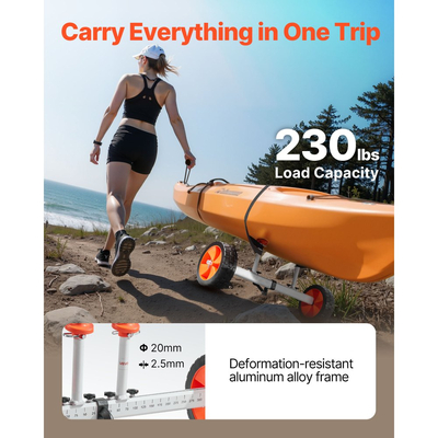 Καρότσι καγιάκ VEVOR, Χωρητικότητα φορτίου 104 kg, Τροχήλατο καρότσι κανό με ελαστικά 25,4 cm από συμπαγές PU και βάση στήριξης, Συναρμολογείται και αποσυναρμολογείται σε δευτερόλεπτα, Τροχήλατο καρότσι σανίδας για καγιάκ, κανό, σανίδες κωπηλασίας