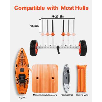 Καρότσι καγιάκ VEVOR, Χωρητικότητα φορτίου 104 kg, Τροχήλατο καρότσι κανό με ελαστικά 25,4 cm από συμπαγές PU και βάση στήριξης, Συναρμολογείται και αποσυναρμολογείται σε δευτερόλεπτα, Τροχήλατο καρότσι σανίδας για καγιάκ, κανό, σανίδες κωπηλασίας