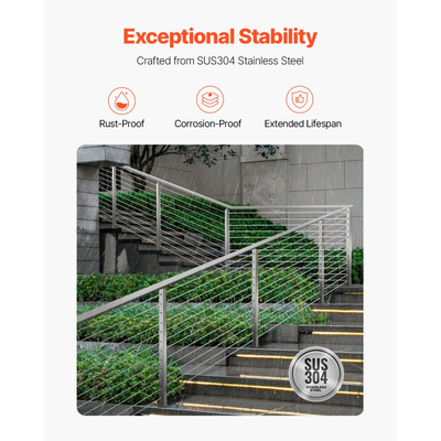 Στύλος κιγκλιδώματος καλωδίων VEVOR, στύλος κιγκλιδώματος σκάλας 42x2x2 ιντσών, με προ-τρυπημένες γωνίες 30°, στύλος ράγας καλωδίων από ανοξείδωτο χάλυβα με οριζόντια και καμπύλη βάση, 1 τεμάχιο, ασημί, 1JZLGZXYS1062TLWC001V0