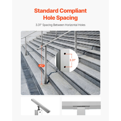 Στύλος κιγκλιδώματος καλωδίων VEVOR, στύλος κιγκλιδώματος σκάλας 42x2x2 ιντσών, με προ-τρυπημένες γωνίες 30°, στύλος ράγας καλωδίων από ανοξείδωτο χάλυβα με οριζόντια και καμπύλη βάση, 1 τεμάχιο, ασημί, 1JZLGZXYS1062TLWC001V0