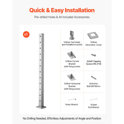 Στύλος κιγκλιδώματος καλωδίων VEVOR, στύλος κιγκλιδώματος σκάλας 42x2x2 ιντσών, με προ-τρυπημένες γωνίες 30°, στύλος ράγας καλωδίων από ανοξείδωτο χάλυβα με οριζόντια και καμπύλη βάση, 1 τεμάχιο, ασημί, 1JZLGZXYS1062TLWC001V0