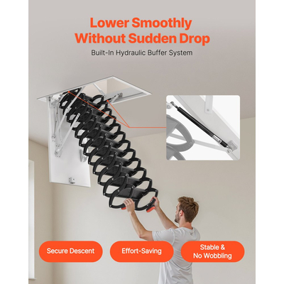 Σκάλα σοφίτας VEVOR, χωρητικότητας 660 λίβρες/299,4 κιλά, για ύψος οροφής 8,5 έως 9,4 πόδια και μέγεθος ανοίγματος 39,4 x 27,5 ίντσες, πτυσσόμενη σκάλα οροφής από κράμα χάλυβα με ράβδο έλξης για στέγη σοφίτας