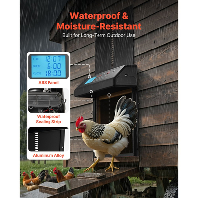 Αυτόματη πόρτα κοτέτσιου VEVOR, Πόρτα κοτέτσιου με μπαταρία, χρονοδιακόπτη και χειροκίνητη ρύθμιση, ασφάλεια κατά του τσιμπήματος, ανθεκτικό κράμα αλουμινίου, αυτόματο ανοιχτήρι πόρτας Chick Run με αδιάβροχη σφράγιση, μαύρη