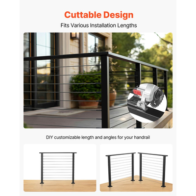 VEVOR Συσκευασία 4 τεμαχίων από ανοξείδωτο ατσάλι 198 cm, ορθογώνια χειρολαβή σκάλας για εξωτερικούς/εσωτερικούς χώρους με καπάκι, ματ μαύρη επίστρωση, ρυθμιζόμενη μεταλλική ράγα σκάλας για κιτ καλωδιακού κιγκλιδώματος