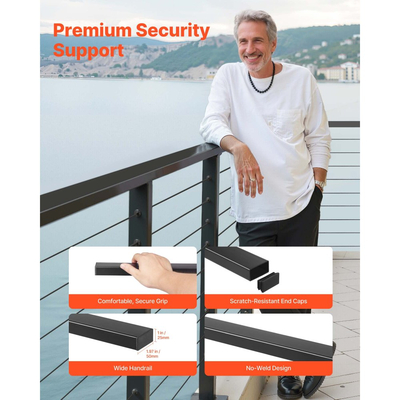 VEVOR Συσκευασία 4 τεμαχίων από ανοξείδωτο ατσάλι 198 cm, ορθογώνια χειρολαβή σκάλας για εξωτερικούς/εσωτερικούς χώρους με καπάκι, ματ μαύρη επίστρωση, ρυθμιζόμενη μεταλλική ράγα σκάλας για κιτ καλωδιακού κιγκλιδώματος