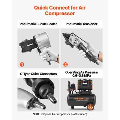 Πνευματική μηχανή δεσίματος χάλυβα VEVOR, δύναμη εφελκυσμού 8500 N, εργαλείο δεσίματος μετάλλου, εντατήρας και κοπτικό στεγανοποιητικό για μεταλλική ταινία πλάτους 19 mm, πρέσα βαρέως τύπου διαιρεμένου τύπου για συσκευασία υψηλής εφελκυσμού