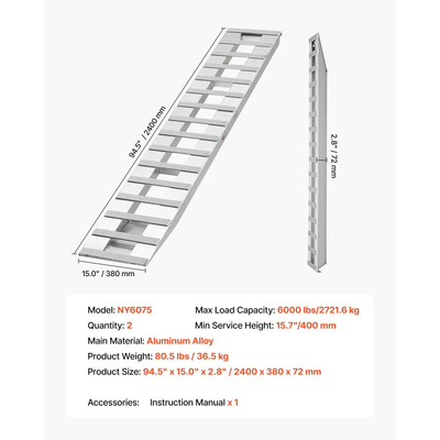 Ράμπες Φόρτωσης VEVOR, 2 τεμάχια 2400 x 380 mm, Σετ ράμπας ρυμούλκησης από ανθεκτικό αλουμίνιο και βαρέως τύπου με αντιολισθητικές πλάκες, Συνδυασμένη χωρητικότητα 2721,6 kg, για καρότσια, γεωργικά τρακτέρ, ATV, χλοοκοπτικά, μοτοσικλέτες