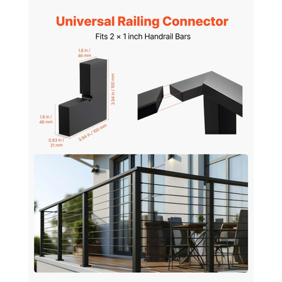 VEVOR Πακέτο 2 Γωνιακών Συνδετήρων για Κουπαστή, Αξεσουάρ Επέκτασης Κουπαστής Σκάλας, Εξαρτήματα Συνδετήρα Κουπαστής POM για Ορθογώνια Κουπαστή Καλωδίου, Σύστημα Σιδηροδρομικής Σύνδεσης Καταστρώματος Εξωτερικού Χώρου, Ματ Μαύρο, HT-05