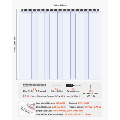 VEVOR Διαφανής Λωρίδα Κουρτίνας PVC, Ύψος 2,1 m x Πλάτος 0,9 m x Πάχος 2 mm, 6 τεμάχια Λωρίδες Κουρτίνας για Ψυγείο Κατάψυξης, Λείες Αδιάβροχες Λωρίδες Πλαστικής Πόρτας για Αποθήκη, Κατάψυξη, Πόρτες Γκαράζ