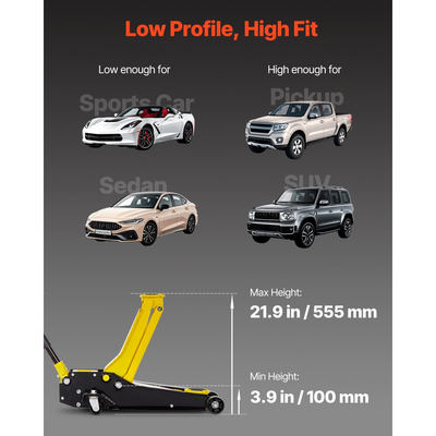 Γρύλος δαπέδου χαμηλού προφίλ VEVOR, χωρητικότητας 4 τόνων, ατσάλινος αγωνιστικός γρύλος δαπέδου με αντλία γρήγορης ανύψωσης διπλών εμβόλων, υδραυλικός ανυψωτήρας καροτσιού για SUV, εύρος ανύψωσης 100-545 mm, κίτρινο & μαύρο