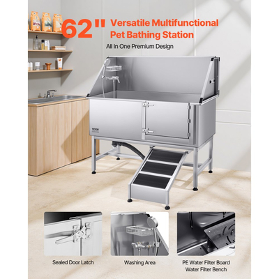 Σταθμός πλύσης σκύλου VEVOR από ανοξείδωτο ατσάλι, μπανιέρα περιποίησης κατοικίδιων 157,48 cm με ράμπα, πλακέτα φίλτρου νερού PE, βρύση & κεφαλή ντους & θήκη σαπουνιού Μπανιέρα σκύλου για μεγάλα, μεσαία & μικρά κατοικίδια (δεξιά πόρτα)