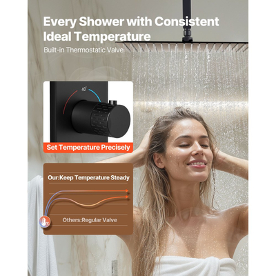 Σετ βρύσης ντους VEVOR, θερμοστατικό σύστημα ντους βροχής οροφής 406 mm με 6 ακροφύσια σώματος και ψεκασμό χειρός, περιστρεφόμενη κεφαλή βροχής 3 λειτουργιών, πλήρης ορειχάλκινη βαλβίδα και κιτ επένδυσης, ματ μαύρο