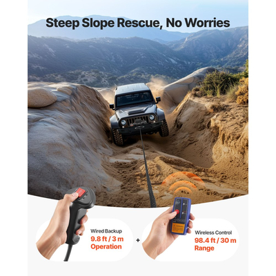 Ηλεκτρικό βαρούλκο VEVOR, χωρητικότητα φορτίου 6100 kg, βαρούλκο φορτηγού 12V DC με συνθετικό σχοινί Φ9,5 mm x 26 m, ασύρματο και ενσύρματο τηλεχειριστήριο, αδιάβροχο IP55 για ρυμούλκηση εκτός δρόμου SUV, τζιπ, ρυμουλκούμενου σκάφους