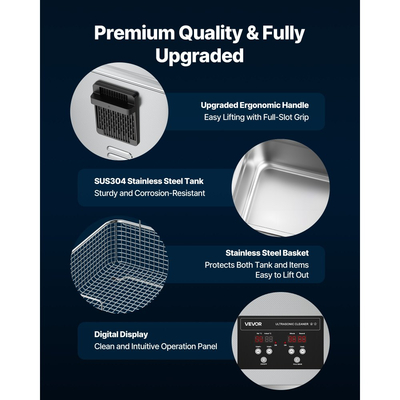 VEVOR 10L Υπερήχων Καθαριστικό, Επαγγελματικό Υπερήχων Καθαριστικό με Καλάθι Καθαρισμού & Ψηφιακή Οθόνη, Ανοξείδωτο Ατσάλι 180W 40kHz Καθαριστικό για Ρολόγια, Ξυράφια, Κοσμήματα, Νομίσματα και Άλλα