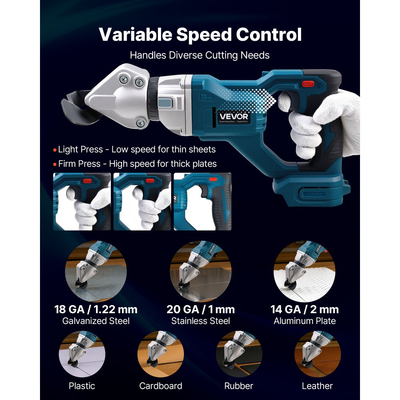 Ψαλίδι Μετάλλου VEVOR, Ασύρματο Κόφτης Λαμαρινιού με Κεφαλή Περιστροφής 360 Μοιρών, Διπλές Λεπίδες, Ταχύτητα 25000 Σ.Α.Λ., Κοπή 1,22 mm Γαλβανισμένος Χάλυβας, Ανοξείδωτος Χάλυβας 1 mm, Πλάκα Αλουμινίου, Πλαστικό, Χαρτόνι