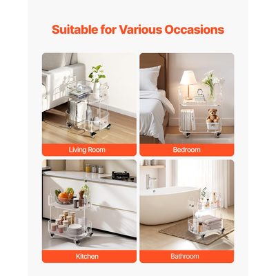 Τραπέζι VEVOR Ακρυλικό με Ρόδες, Κινητό Τραπέζι Καροτσιού 2 Επιπέδων, Μοντέρνο Τροχαίο Γραφείο Αποθήκευσης από Ακρυλικό, Διαφανές Κομοδίνο Πλαϊνό Γραφείο, για Σαλόνι, Υπνοδωμάτιο, Μπαρ, Γραφείο, 30,5 x 41,6 x 48 cm (Διαφανές)