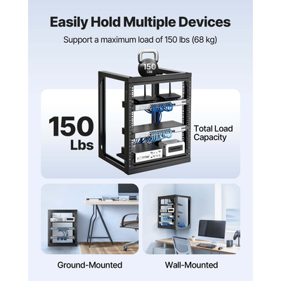 Rack διακομιστή VEVOR 12U για τοποθέτηση σε τοίχο, μέγιστη χωρητικότητα φορτίου 68,04 kg, Rack δικτύου ανοιχτού πλαισίου με περιστρεφόμενη πόρτα 180 μοιρών, από ανθρακούχο χάλυβα, ιδανικό για εξοπλισμό δικτύου IT και συσκευές AV, διακομιστής υπολογιστή, μαύρο