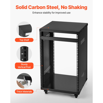 Rack AV VEVOR 16U, μέγιστη χωρητικότητα φορτίου 90,7 kg, Rack οικιακού στούντιο ηχογράφησης με κλειδώσιμες ρόδες, γραφείο διακομιστή ανοιχτού πλαισίου, ειδικός σχεδιασμός αεραγωγών, για τοποθέτηση σε εξοπλισμό ήχου, βίντεο, μουσικής και πληροφορικής
