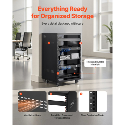 Rack AV VEVOR 16U, μέγιστη χωρητικότητα φορτίου 90,7 kg, Rack οικιακού στούντιο ηχογράφησης με κλειδώσιμες ρόδες, γραφείο διακομιστή ανοιχτού πλαισίου, ειδικός σχεδιασμός αεραγωγών, για τοποθέτηση σε εξοπλισμό ήχου, βίντεο, μουσικής και πληροφορικής