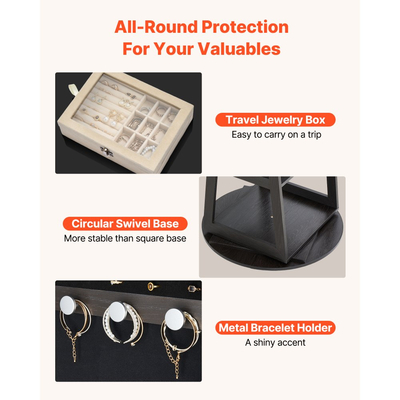 Κοσμηματοθήκη VEVOR περιστρεφόμενη 360°, ύψος 1600 mm, καθρέφτης πλήρους μήκους με αποθηκευτικό χώρο, όρθια περιστρεφόμενη θήκη κοσμημάτων, πόρτα που κλειδώνει με 2 κλειδιά, θήκες αξεσουάρ και ράφια αποθήκευσης