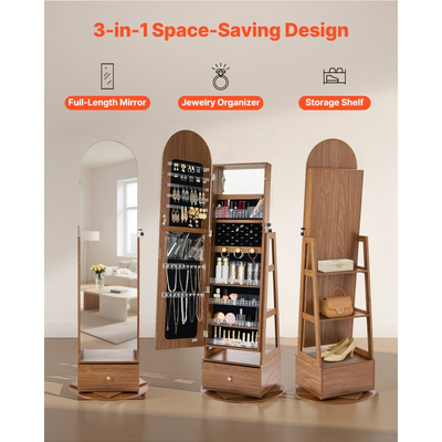 Κοσμηματοθήκη VEVOR περιστρεφόμενη 360°, ύψος 1655 mm, καθρέφτης πλήρους μήκους με αποθηκευτικό χώρο, όρθια περιστρεφόμενη θήκη οργάνωσης κοσμημάτων, κλειδώνει με 2 κλειδιά, θήκες αξεσουάρ, ράφια αποθήκευσης και συρτάρι