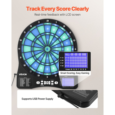 Ηλεκτρονική Γραμμή Βελακιών VEVOR, Φωτιζόμενη Γραμμή Βελακιών με LED και 48 Παιχνίδια & 500+ Παραλλαγές, Περιλαμβάνει 6 Στόχους Βελακιών με Flights & 50 Μαλακές Μύτες, Οθόνη LCD για Σκοράρισμα Κρίκετ - Υποστηρίζει Έως 8 Παίκτες