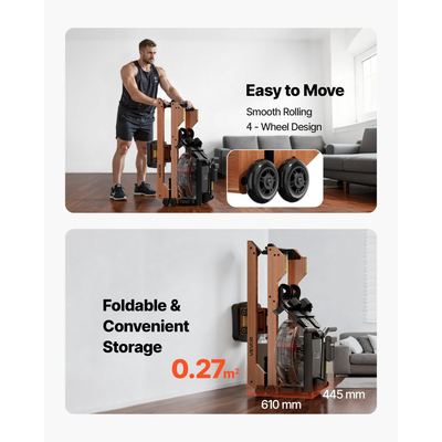 Μηχανή κωπηλασίας νερού VEVOR, αθόρυβη αντίσταση 6 επιπέδων, ξύλινη πτυσσόμενη μηχανή κωπηλασίας με δεξαμενή νερού 14 λίτρων και οθόνη LCD, συμβατή με εφαρμογή Bluetooth, χωρητικότητα βάρους 158 κιλών, καθηλωτικές μηχανές κωπηλασίας για το σπίτι