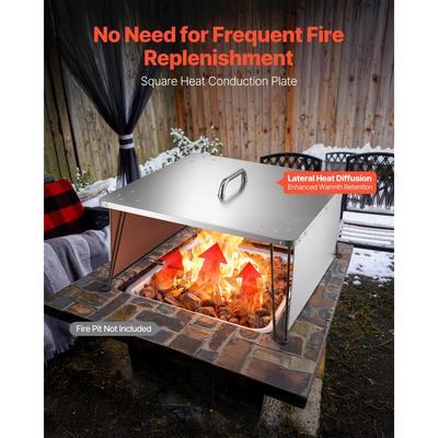 Εκτροπέας θερμότητας για τζάκι VEVOR, τετράγωνο κάλυμμα εξωτερικού καυστήρα 645x645x370 mm, φωτιά από ανοξείδωτο ατσάλι για κάμπινγκ, καύση ξύλων, σπρώχνοντας τη θερμότητα προς τα κάτω και προς τα έξω με 4 πτυσσόμενα πόδια και λαβή μεταφοράς