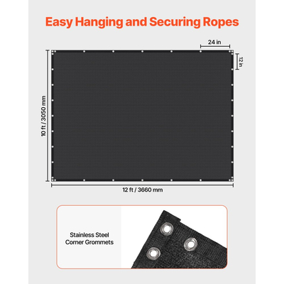 Ύφασμα σκίασης VEVOR 90%, κάλυμμα σκίασης πέργκολας 10 x 12 ft με ροδέλες από ανοξείδωτο ατσάλι, κουρτίνα απορρήτου με υλικό HDPE 140 GSM, για εξωτερικούς χώρους, αυλές, κήπους και αυλές (μαύρο)