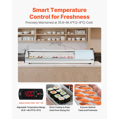 Ψυγείο βιτρίνας σούσι VEVOR, επαγγελματική βιτρίνα σούσι 62 λίτρων, επιτραπέζια βιτρίνα 6 θέσεων με καμπύλο γυαλί, φωτισμό LED και ψηφιακό έλεγχο θερμοκρασίας, για πάγκο σούσι μπαρ, εστιατόριο, κατάστημα