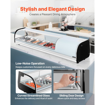 Ψυγείο βιτρίνας σούσι VEVOR, επαγγελματική βιτρίνα σούσι 62 λίτρων, επιτραπέζια βιτρίνα 6 θέσεων με καμπύλο γυαλί, φωτισμό LED και ψηφιακό έλεγχο θερμοκρασίας, για πάγκο σούσι μπαρ, εστιατόριο, κατάστημα