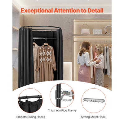 Δοκιμαστήριο VEVOR, Φορητό Γκαρνταρόμπα με Χοντρές Κουρτίνες από Πολυεστέρα, Χώρος Απορρήτου με Κουρτίνα Σκίασης και Γάντζο, για Μπουτίκ, Εμπορικό Κέντρο, Ραφείο & Υπαίθριες Δραστηριότητες 100 x 95 x 200 cm (Μαύρο)