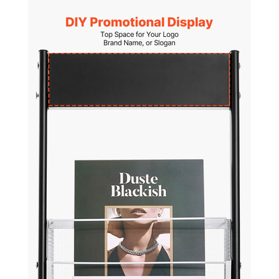 Ράφι προβολής φυλλαδίων VEVOR, στενή βάση προβολής περιοδικών 6 επιπέδων με ρόδες, μεταλλική επιδαπέδια βάση περιοδικών, κινητές θήκες καταλόγων εφημερίδων για κατάστημα/εκθεσιακό γραφείο (6 τσέπες)