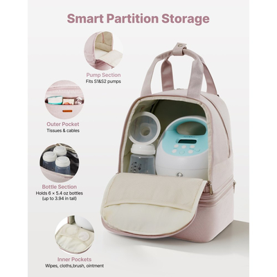 Σακίδιο πλάτης θηλάστρου VEVOR, τσάντα θηλασμού με παγοκύστη, κατάλληλο για S1/S2, αξεσουάρ άντλησης και αποθήκευση μητρικού γάλακτος, φορητή θήκη μεταφοράς θηλάστρου για εργασία, ταξίδια και οικογενειακή χρήση, ανοιχτό ροζ