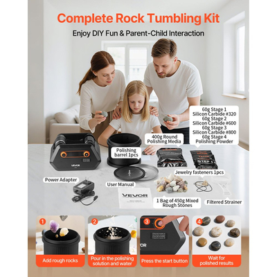 Κιτ γυαλίσματος πέτρας VEVOR, κιτ στίλβωσης πέτρας, 4 ρυθμίσεις ταχύτητας, χρονοδιακόπτης στίλβωσης 9 ημερών, κιτ στίλβωσης πέτρας, γυαλιστικό πέτρας με ακατέργαστες πολύτιμες πέτρες και κόκκους στίλβωσης, γυαλιστικό πέτρας για ενήλικες και παιδιά