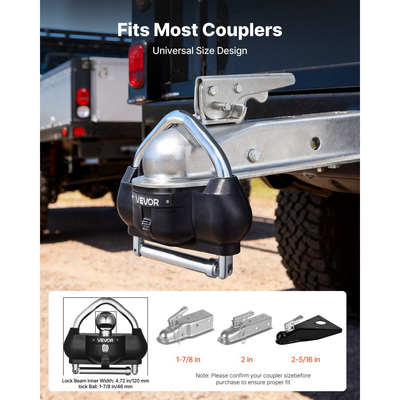 Κλείδωμα ρυμούλκησης VEVOR, Κατάλληλο για ζεύκτες 46 mm, 50,8 mm, 58,7 mm, Αντικλεπτική κλειδαριά ρυμούλκησης βαρέως τύπου με 3 κλειδιά, Ανθεκτικό σε ανοίγματα, Σχεδιασμός ρυθμιζόμενου ύψους για τροχόσπιτα, σκάφη, ρυμουλκούμενα, Μαύρο