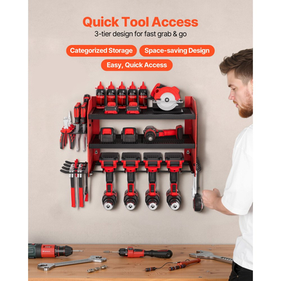 Οργάνωση ηλεκτρικών εργαλείων VEVOR για τοποθέτηση στον τοίχο, βάση αποθήκευσης 3 επιπέδων με 4 βάσεις τρυπανιών, βάση εργαλείων και βάση αποθήκευσης με πλαϊνά καρφιά, οργάνωση εργαλείων γκαράζ για γκαράζ, πάγκο εργασίας και εργαστήριο