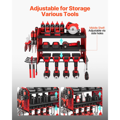 Οργάνωση ηλεκτρικών εργαλείων VEVOR για τοποθέτηση στον τοίχο, βάση αποθήκευσης 3 επιπέδων με 4 βάσεις τρυπανιών, βάση εργαλείων και βάση αποθήκευσης με πλαϊνά καρφιά, οργάνωση εργαλείων γκαράζ για γκαράζ, πάγκο εργασίας και εργαστήριο