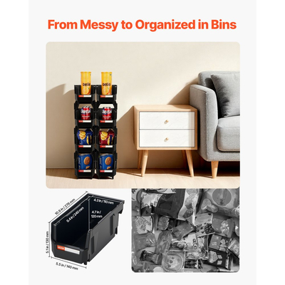 Πλαστικοί κάδοι αποθήκευσης VEVOR που στοιβάζονται, 27,6 x 14 x 13 cm (8 τεμάχια), Πλαστικά δοχεία για οργάνωση και αποθήκευση σε ντουλάπες, γκαράζ, μικρά αντικείμενα, είδη γραφείου και άλλα αξεσουάρ, μαύροι