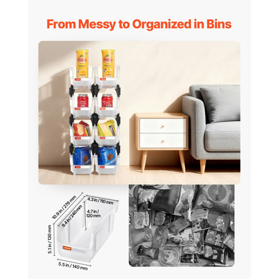 Πλαστικοί κάδοι αποθήκευσης VEVOR που στοιβάζονται, 27,6 x 14 x 13 cm (8 τεμάχια), Πλαστικά δοχεία για οργάνωση και αποθήκευση σε δοχεία για ντουλάπα, γκαράζ, μικρά εξαρτήματα, είδη γραφείου, άλλα αξεσουάρ, διαφανή