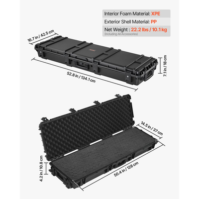 Θήκη σκληρού τυφεκίου VEVOR, θήκη τυφεκίου με κλειδαριά και αποσπώμενο αφρό XPE, αποθήκευση όπλου 1270 mm με ρόδες, αδιάβροχες και ανθεκτικές στη σκόνη θήκες πιστολιού IP67 για τυφέκια, κυνηγετικά όπλα, όπλα Airsoft, μαύρη