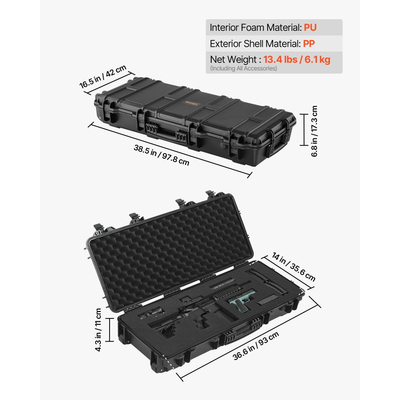 Θήκη σκληρού τυφεκίου VEVOR, θήκη τυφεκίου με κλειδαριά και 4 στρώσεις προκομμένου αφρού, αποθήκευση όπλου 914 mm με ρόδες, αδιάβροχες και ανθεκτικές στη σκόνη θήκες αποθήκευσης πιστολιών IP67 για τυφέκια, κυνηγετικά όπλα, όπλα Airsoft, μαύρη