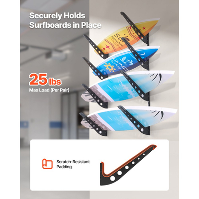 Βάση τοίχου για σανίδες του σερφ VEVOR, Οριζόντια βάση 4 επιπέδων για αποθήκευση και προβολή, Ρυθμιζόμενο ύψος μεταλλικής βάσης οργάνωσης σανίδων, Βάση στήριξης σανίδων για σνόουμπορντ, kiteboard, shortboard, σκι